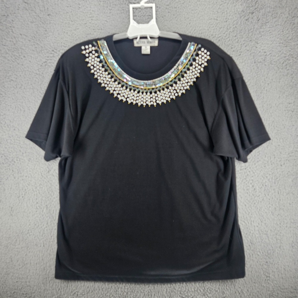 VTG Victoria Woman Black Faux Pearl Sequin Bib Neck Short Sleeve Top 2X